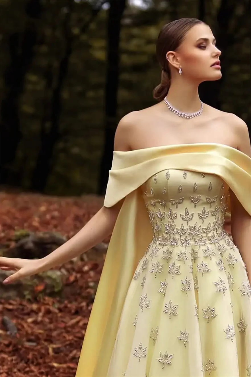 Luxury Daffodil Off-The-Shoulder A-Line Prom Dresses Beads With Ruffle Zipper - Image 3