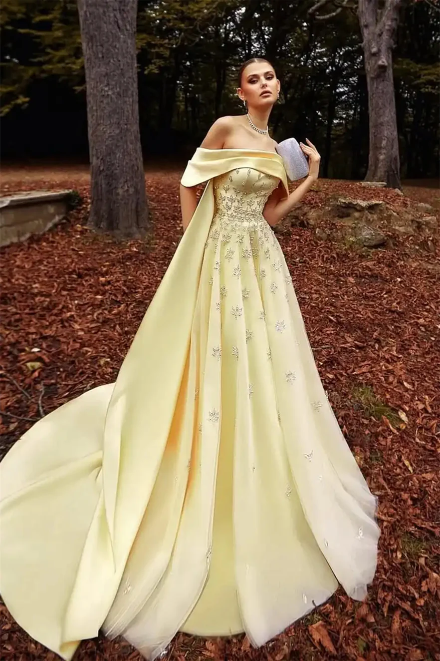 Luxury Daffodil Off-The-Shoulder A-Line Prom Dresses Beads With Ruffle Zipper - Image 4