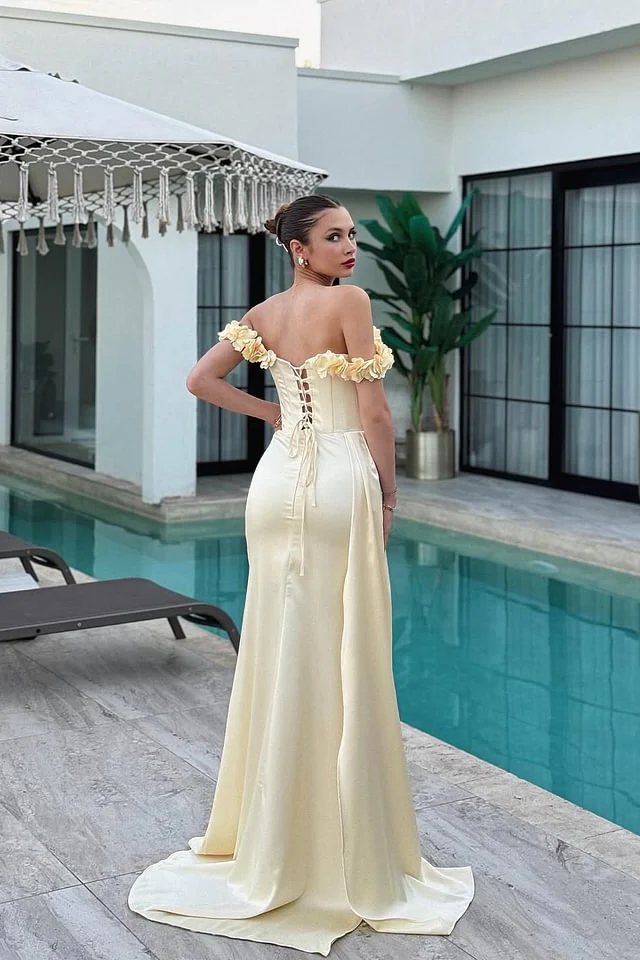 Luxury Daffodil Off-The-Shoulder Satin Mermaid Prom Dresses Lace-Up Back Sleeveless With Flower Ruffle - Image 2