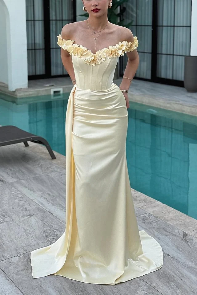 Luxury Daffodil Off-The-Shoulder Satin Mermaid Prom Dresses Lace-Up Back Sleeveless With Flower Ruffle - Image 4