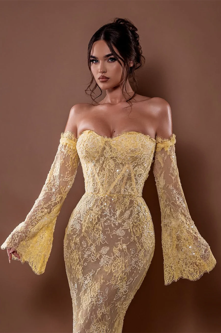 Luxury Daffodil Sweetheart Strapless Mermaid Lace Prom Dress Detachable Long Sleeves Column On Sale - Image 2