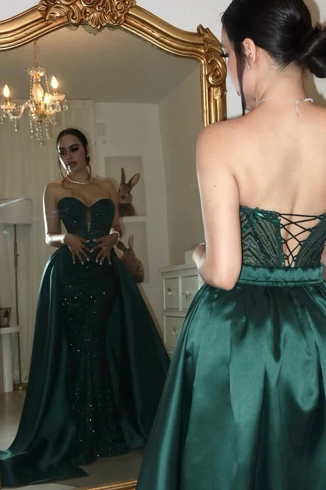 Luxury Dark Green Sweetheart Mermaid Prom Dresses Sequins Lace-Up Back With Overskirt - Image 3