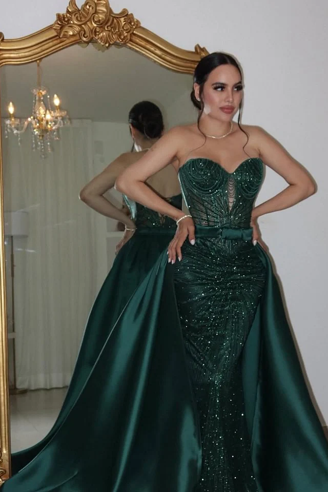 Luxury Dark Green Sweetheart Mermaid Prom Dresses Sequins Lace-Up Back With Overskirt - Image 4