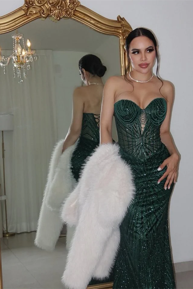 Luxury Dark Green Sweetheart Mermaid Prom Dresses Sequins Lace-Up Back With Overskirt - Image 6