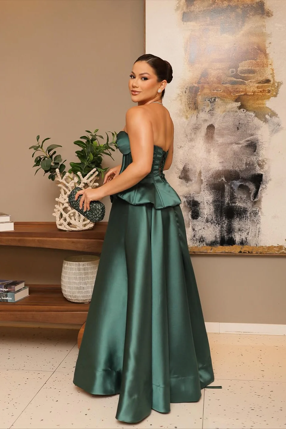 Luxury Dark Green Sweetheart Strapless Satin Prom Dress A-Line Sleeveless With Lace-Up Back - Image 2