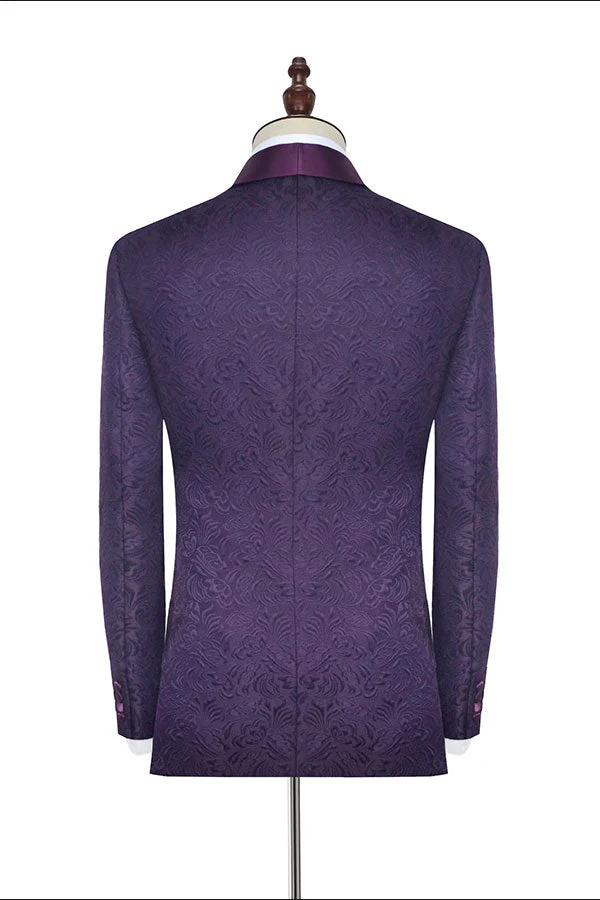 Luxury Dark Purple One Button Wedding Tuxedos Silk Shawl Lapel Jacquard Prom Suits - Image 2