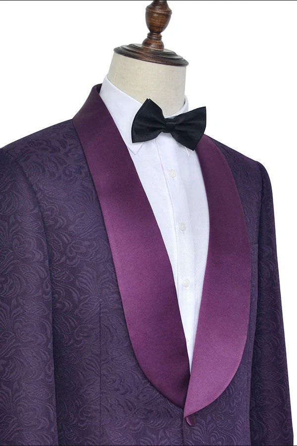 Luxury Dark Purple One Button Wedding Tuxedos Silk Shawl Lapel Jacquard Prom Suits - Image 4