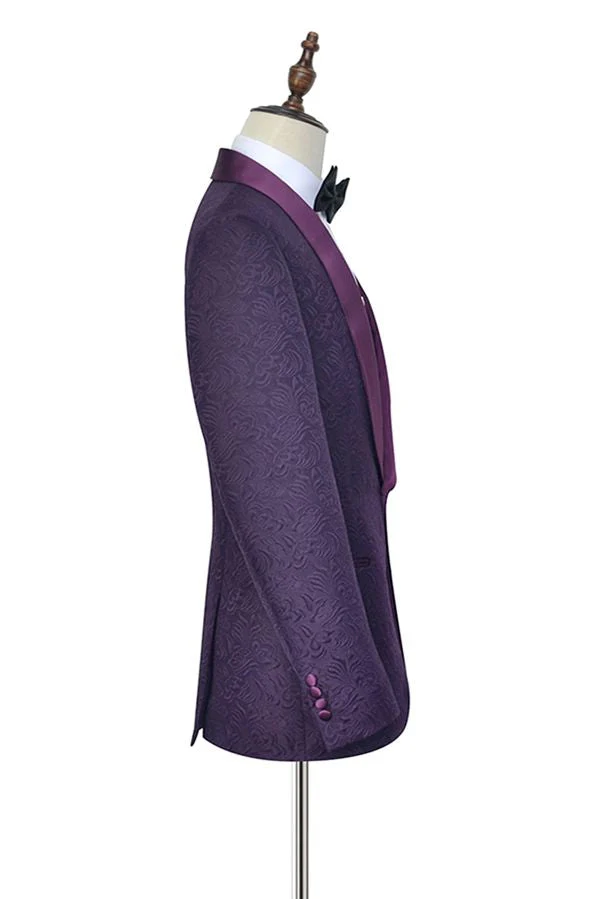Luxury Dark Purple One Button Wedding Tuxedos Silk Shawl Lapel Jacquard Prom Suits - Image 5