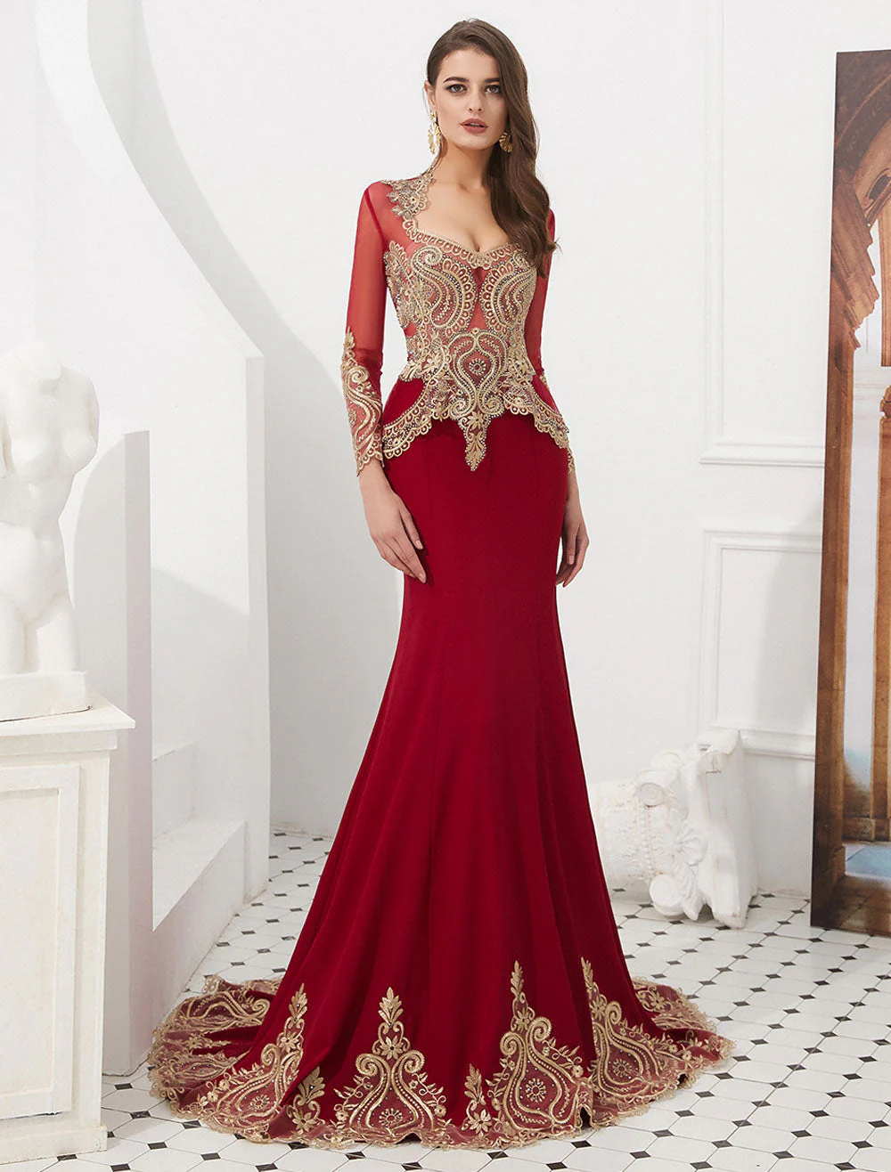 Gorgeous Luxury Evening Dresses Embroidered Beaded Queen Anneneck Long Sleeve Formal Gowns With Cloak - Image 11