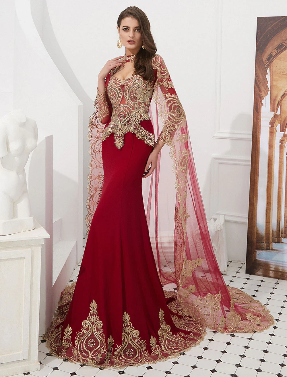 Gorgeous Luxury Evening Dresses Embroidered Beaded Queen Anneneck Long Sleeve Formal Gowns With Cloak - Image 13