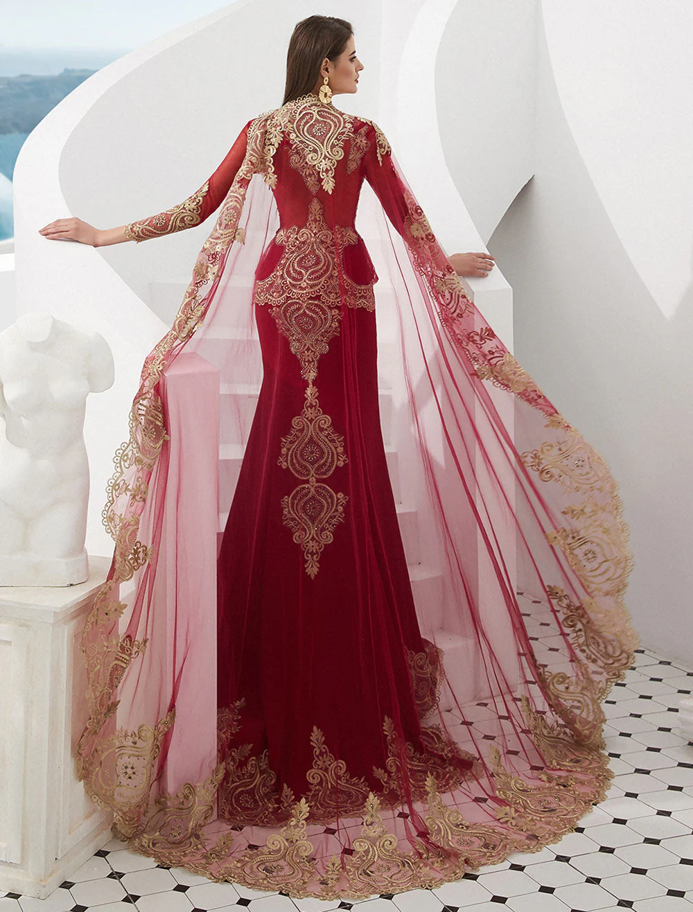 Gorgeous Luxury Evening Dresses Embroidered Beaded Queen Anneneck Long Sleeve Formal Gowns With Cloak - Image 14