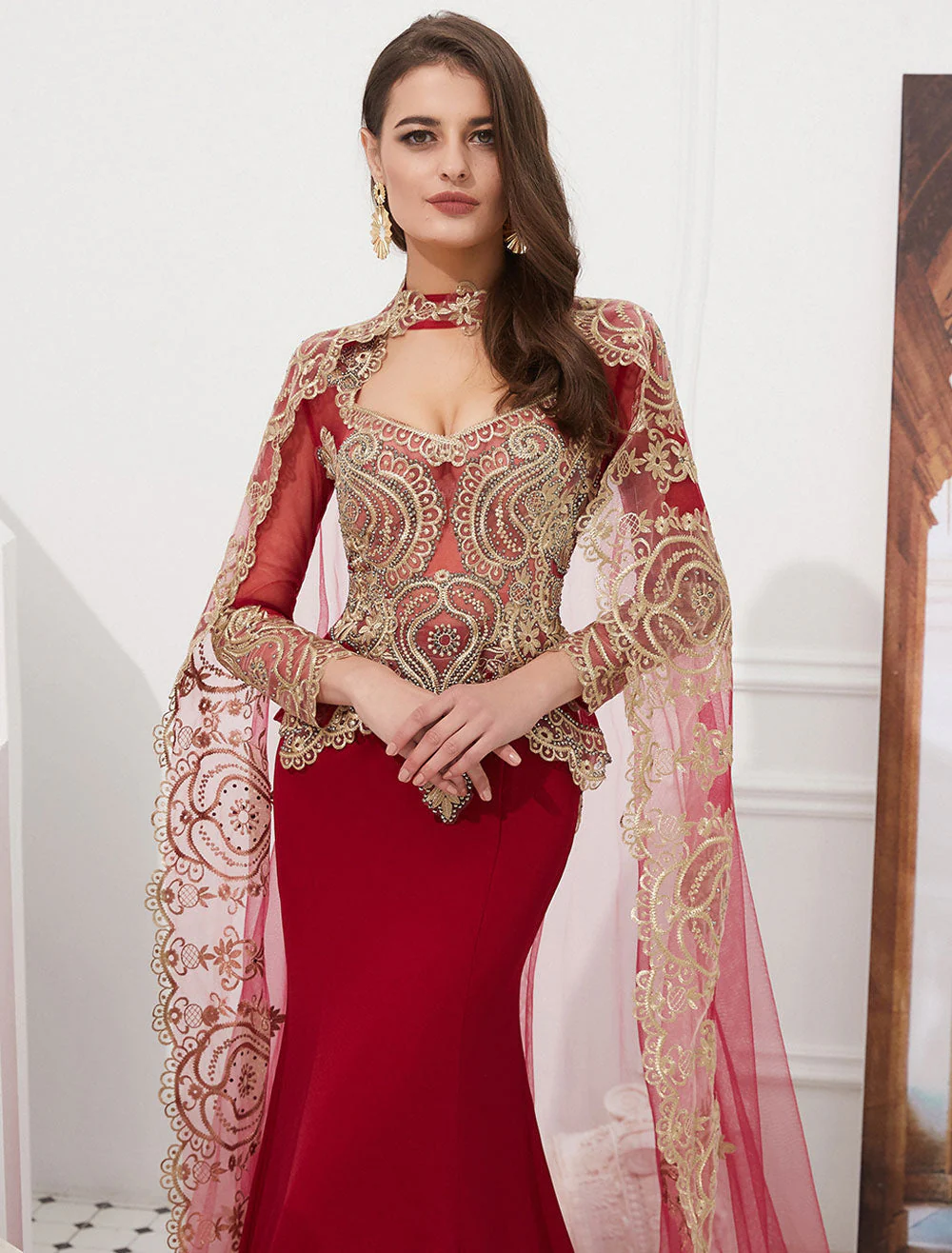 Gorgeous Luxury Evening Dresses Embroidered Beaded Queen Anneneck Long Sleeve Formal Gowns With Cloak - Image 15