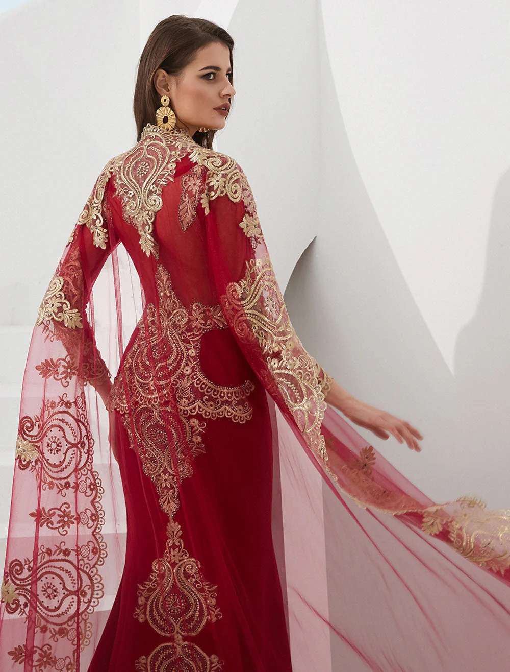 Gorgeous Luxury Evening Dresses Embroidered Beaded Queen Anneneck Long Sleeve Formal Gowns With Cloak - Image 16
