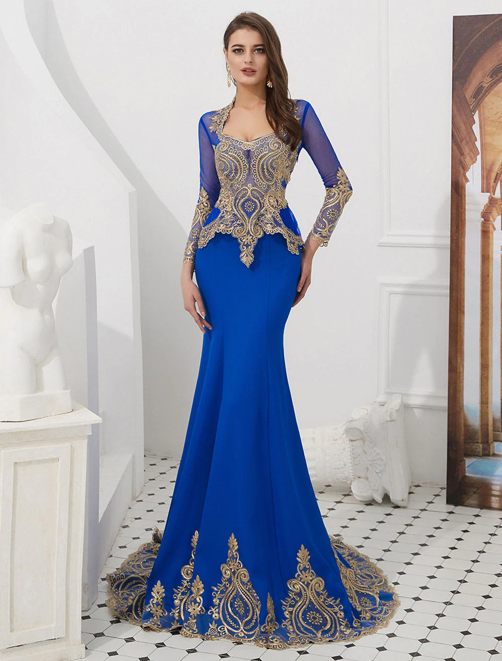 Gorgeous Luxury Evening Dresses Embroidered Beaded Queen Anneneck Long Sleeve Formal Gowns With Cloak - Image 17