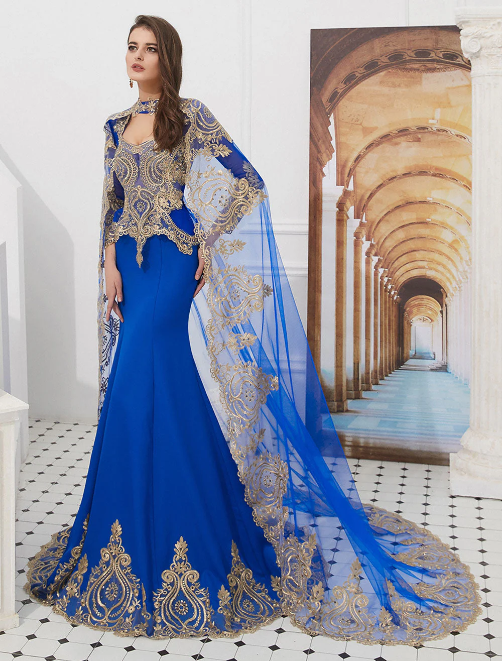Gorgeous Luxury Evening Dresses Embroidered Beaded Queen Anneneck Long Sleeve Formal Gowns With Cloak - Image 19