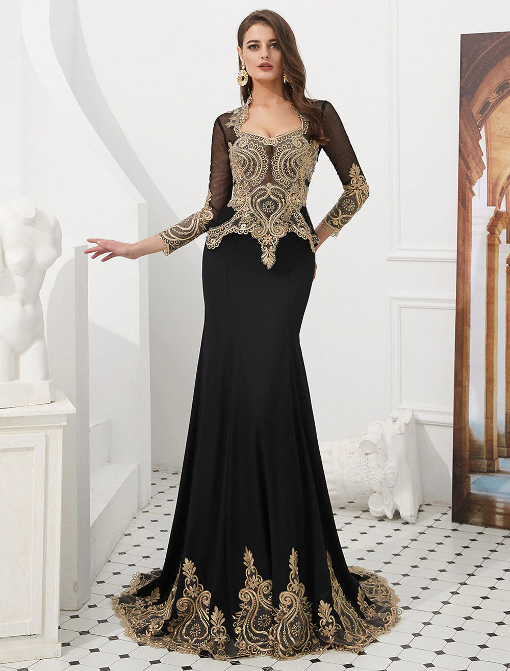 Gorgeous Luxury Evening Dresses Embroidered Beaded Queen Anneneck Long Sleeve Formal Gowns With Cloak - Image 2