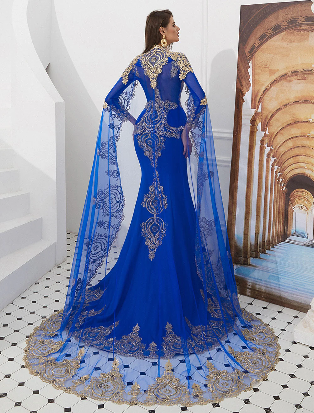 Gorgeous Luxury Evening Dresses Embroidered Beaded Queen Anneneck Long Sleeve Formal Gowns With Cloak - Image 20
