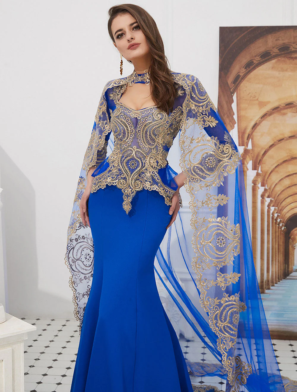 Gorgeous Luxury Evening Dresses Embroidered Beaded Queen Anneneck Long Sleeve Formal Gowns With Cloak - Image 21