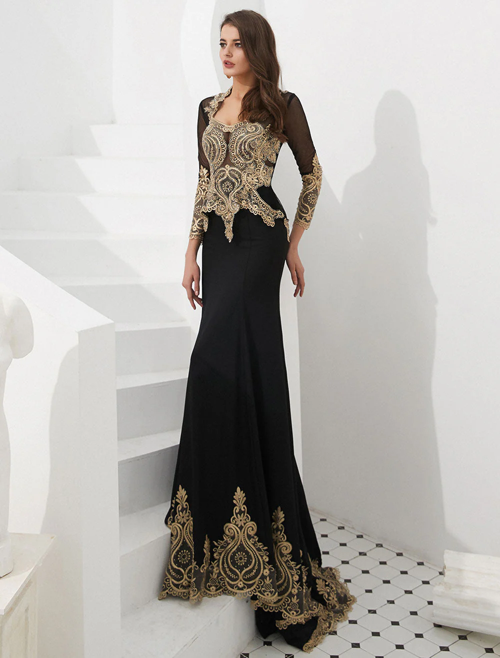Gorgeous Luxury Evening Dresses Embroidered Beaded Queen Anneneck Long Sleeve Formal Gowns With Cloak - Image 3