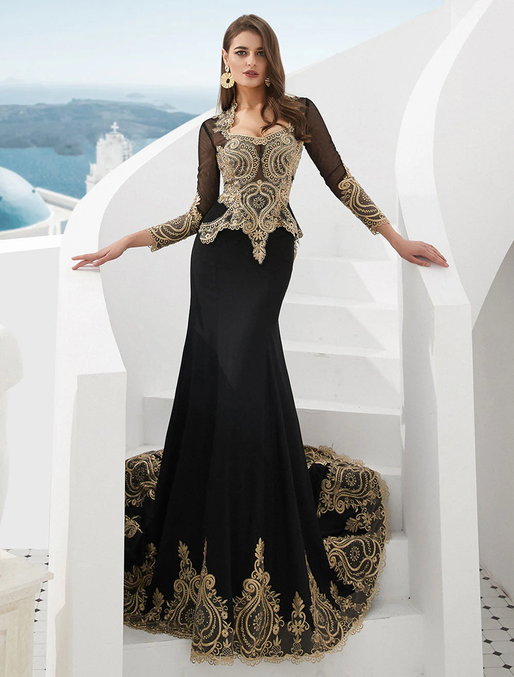 Gorgeous Luxury Evening Dresses Embroidered Beaded Queen Anneneck Long Sleeve Formal Gowns With Cloak - Image 5