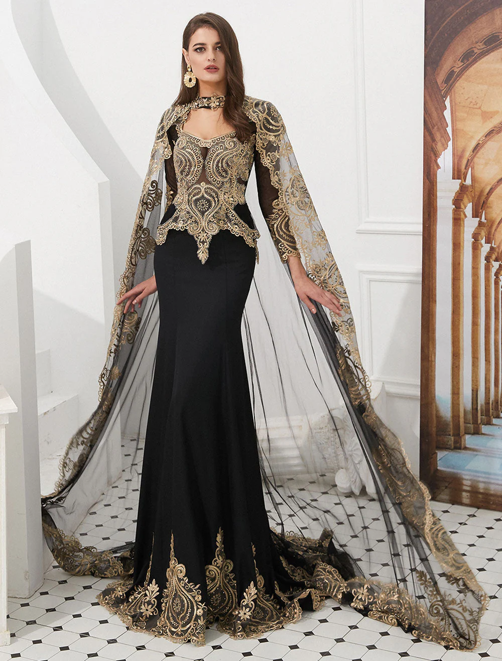Gorgeous Luxury Evening Dresses Embroidered Beaded Queen Anneneck Long Sleeve Formal Gowns With Cloak - Image 6