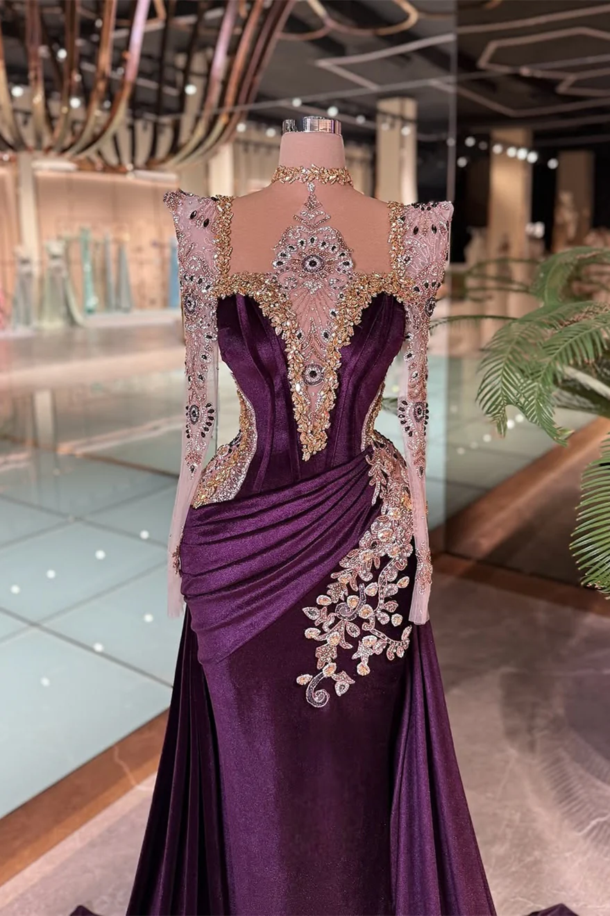 Luxury Grape Halter Long Sleeves Mermaid Prom Dresses Column Gem With Pleats - Image 2