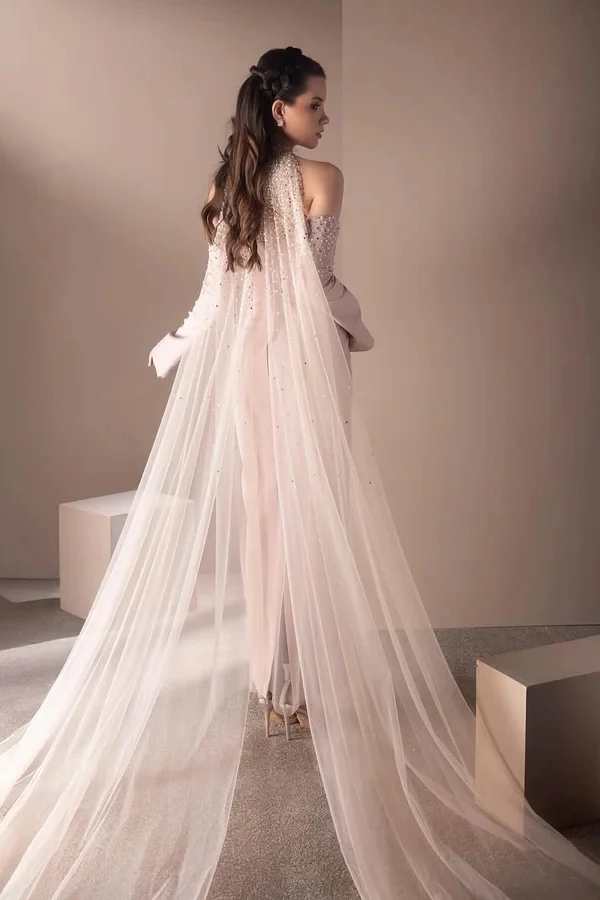 Luxury Halter Mermaid Satin Prom Dresses Detachable Sleeves With Beads Ruffle - Image 2
