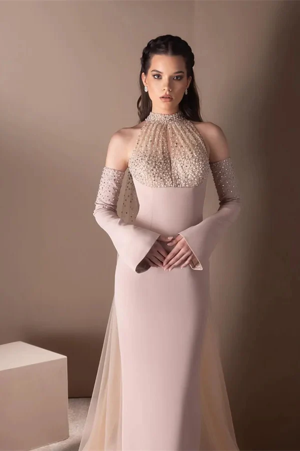 Luxury Halter Mermaid Satin Prom Dresses Detachable Sleeves With Beads Ruffle - Image 3