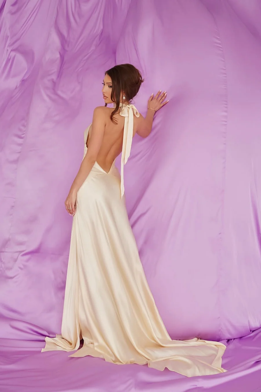 Luxury Halter Sleeveless Satin Prom Dresses Backless Long With Side Slit - Image 3