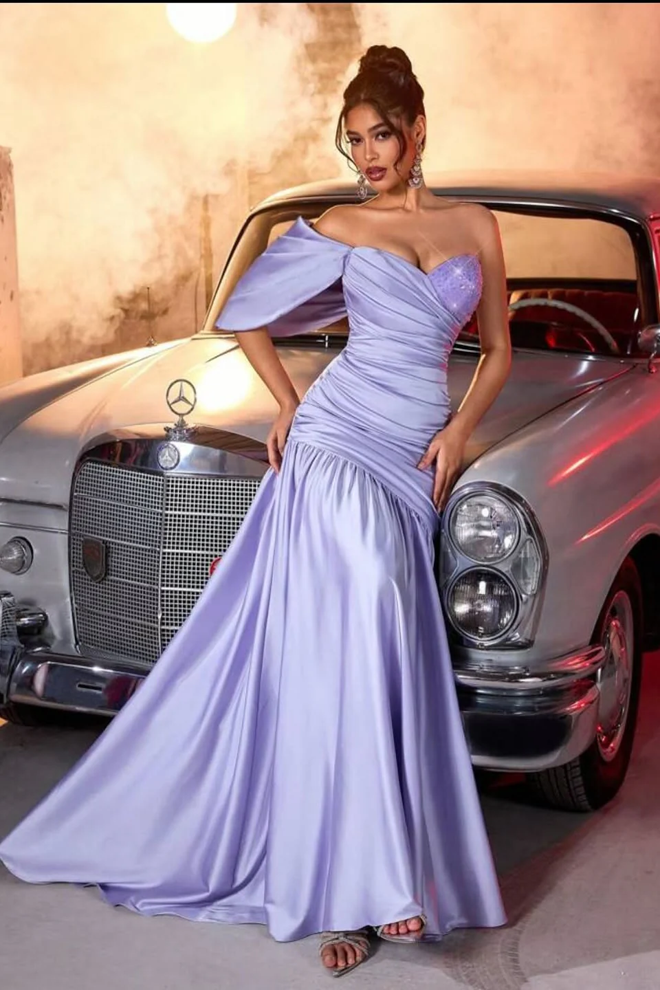 Luxury Lavender Sweetheart One Shoulder Satin Prom Dresses Column Beads With Pleats - Image 4