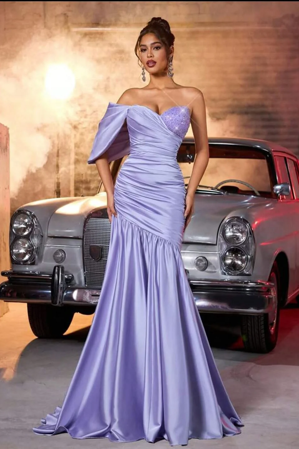 Luxury Lavender Sweetheart One Shoulder Satin Prom Dresses Column Beads With Pleats - Image 5
