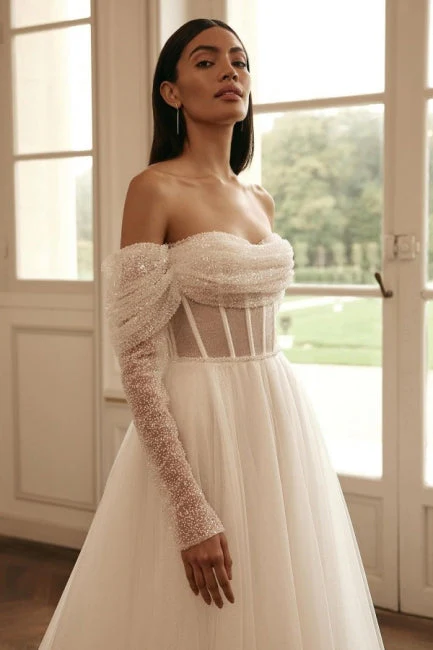 Modern Long Sleevess Long Off-the-Shoulder Wedding Dresses Online Sequined - Image 3