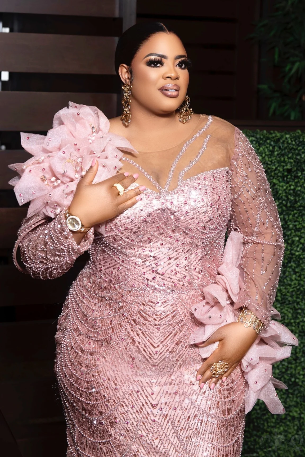 Luxury Long sleeves Pink Flowers Floor length Mermaid Plus Size Prom Dresses - Image 2
