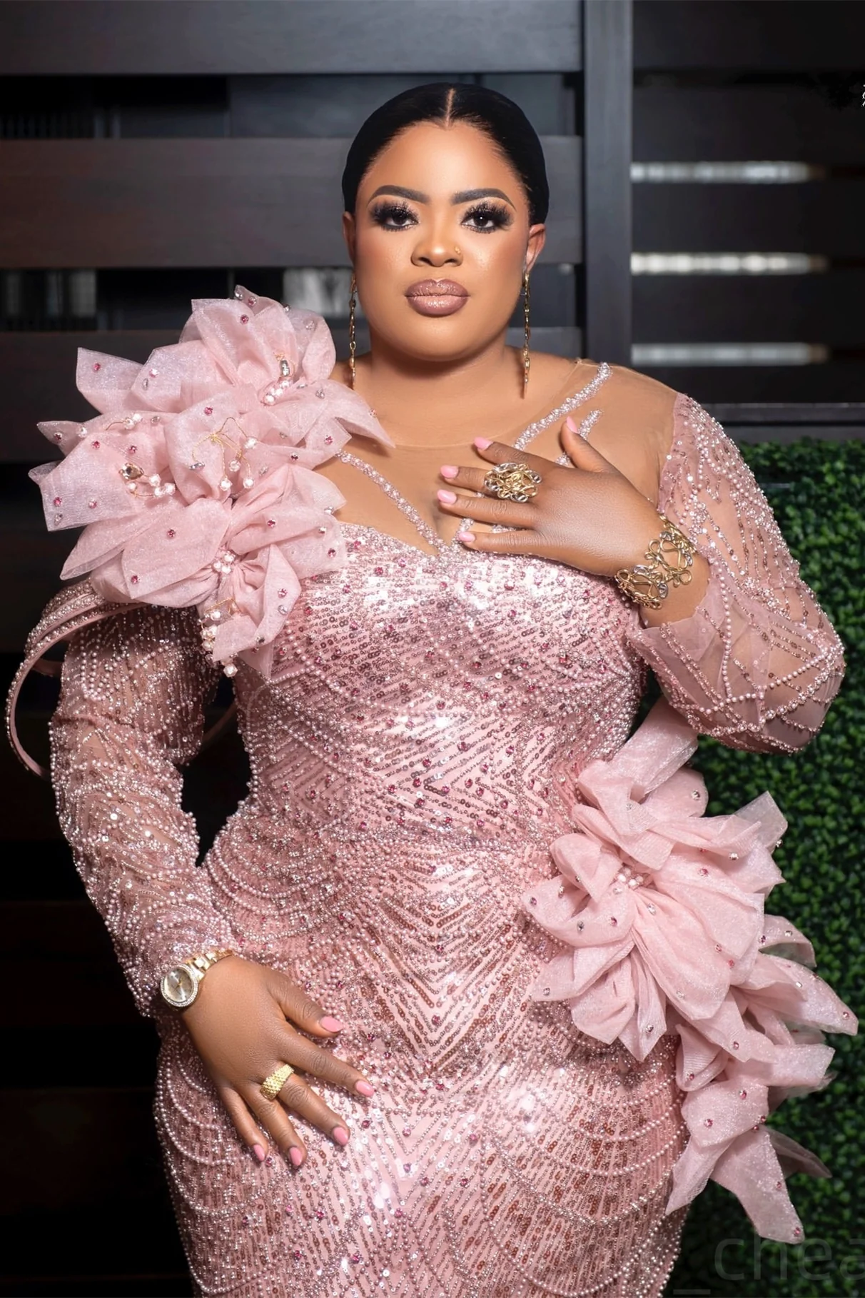 Luxury Long sleeves Pink Flowers Floor length Mermaid Plus Size Prom Dresses - Image 3