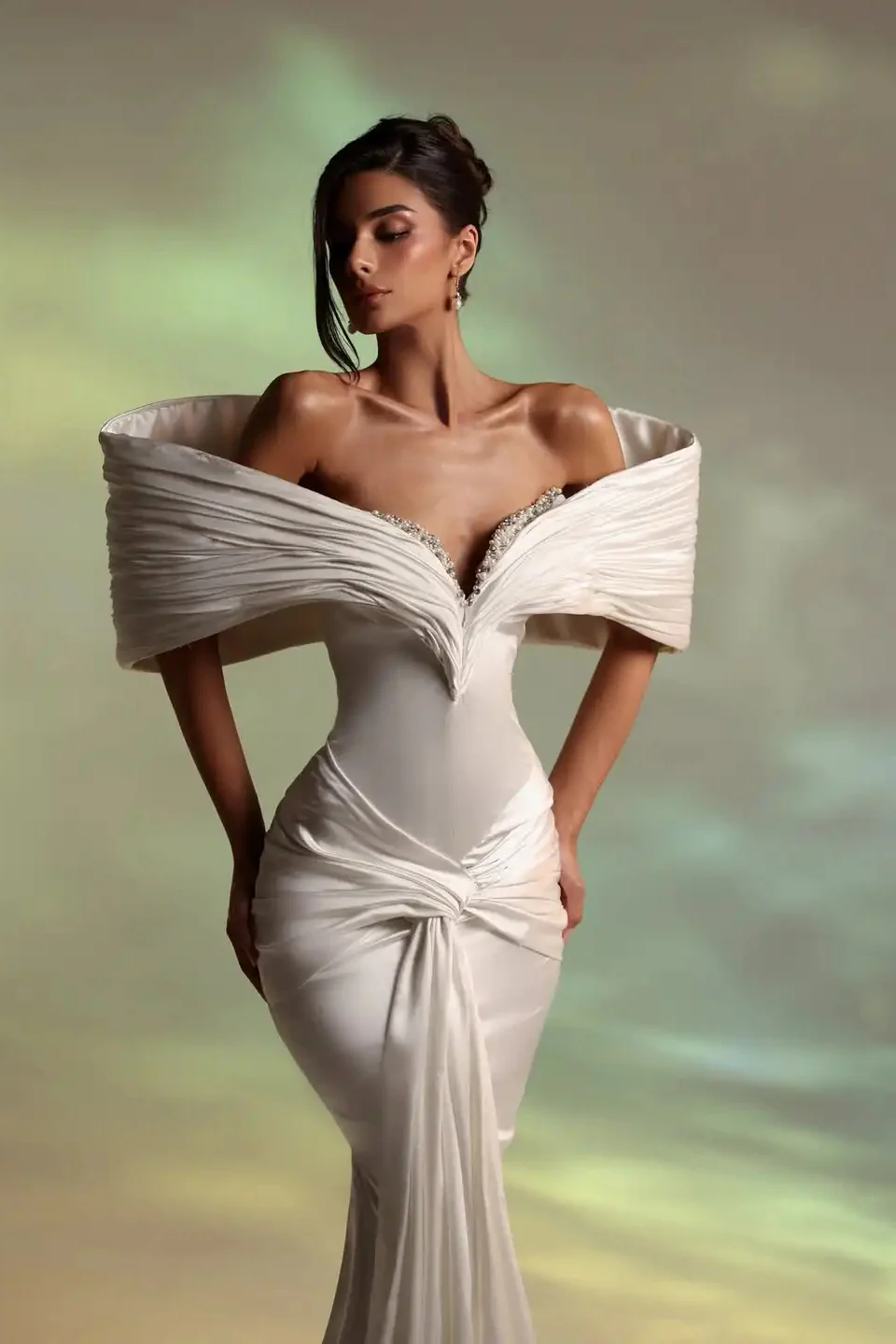 Luxury Off-The-Shoulder V-Neck Satin Mermaid Prom Dress Column Beads With Pleats - Image 2