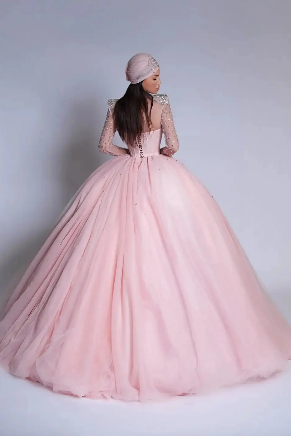 Luxury Pink High Collar Long Sleeves Prom Dresses Ball Gown Gem With Lace-Up Back - Image 2