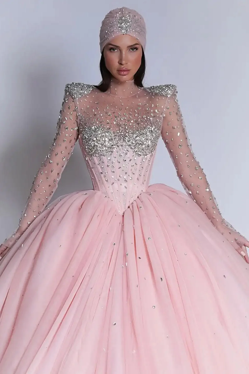 Luxury Pink High Collar Long Sleeves Prom Dresses Ball Gown Gem With Lace-Up Back - Image 3