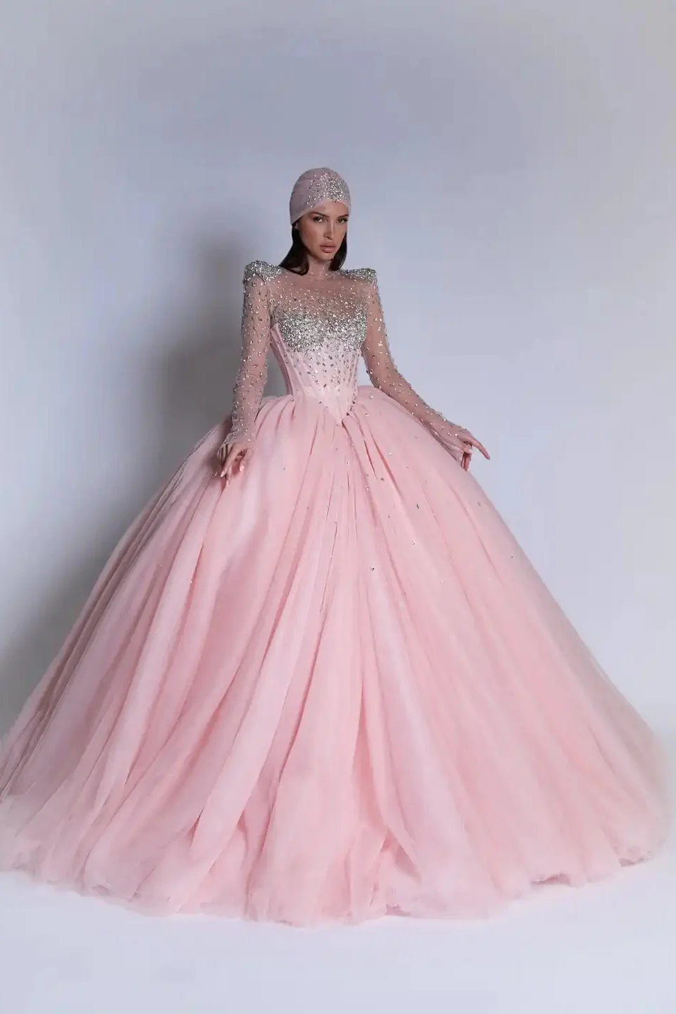 Luxury Pink High Collar Long Sleeves Prom Dresses Ball Gown Gem With Lace-Up Back - Image 4