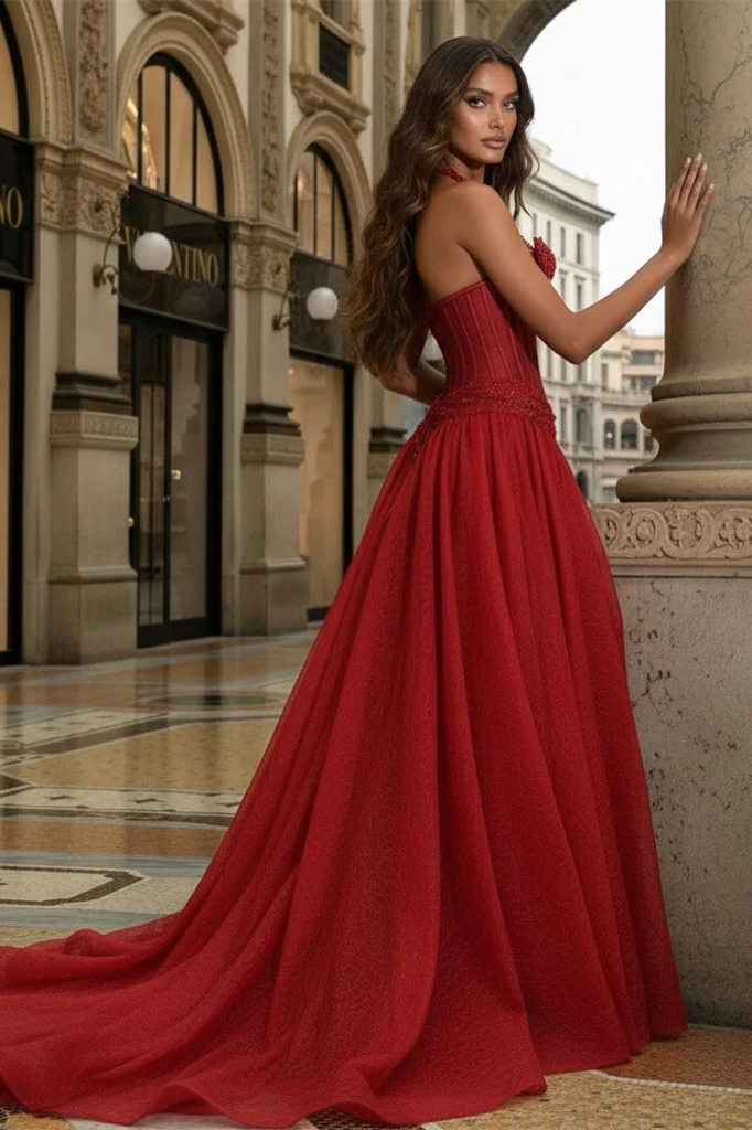 Luxury Red Halter Sweetheart Sleeveless A-Line Prom Dresses Sequin Lace With Bow Knot - Image 2
