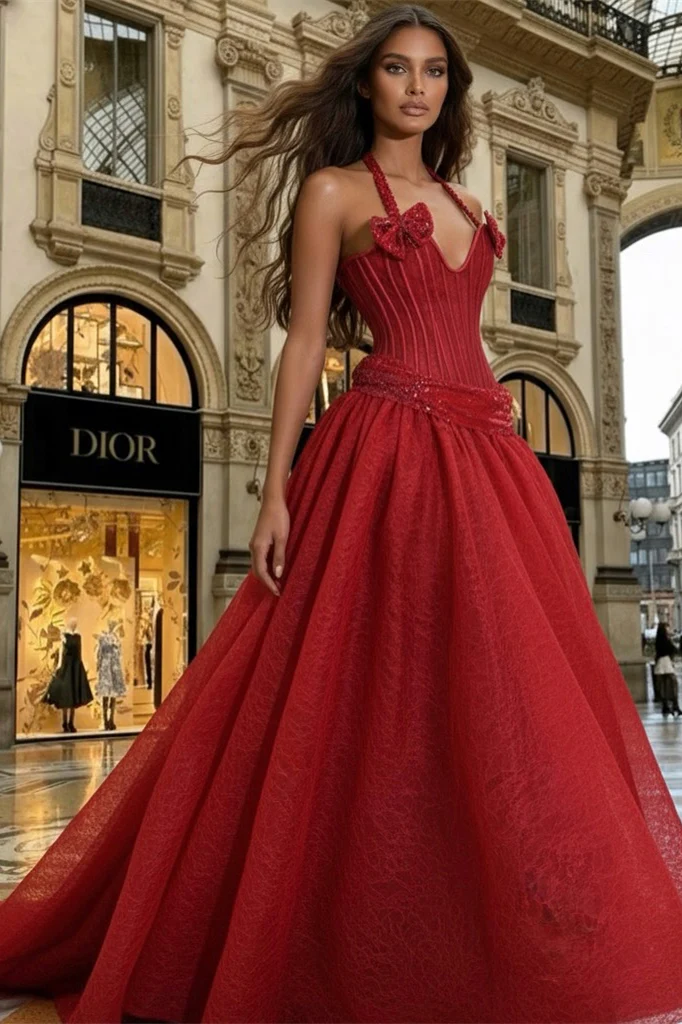 Luxury Red Halter Sweetheart Sleeveless A-Line Prom Dresses Sequin Lace With Bow Knot - Image 3