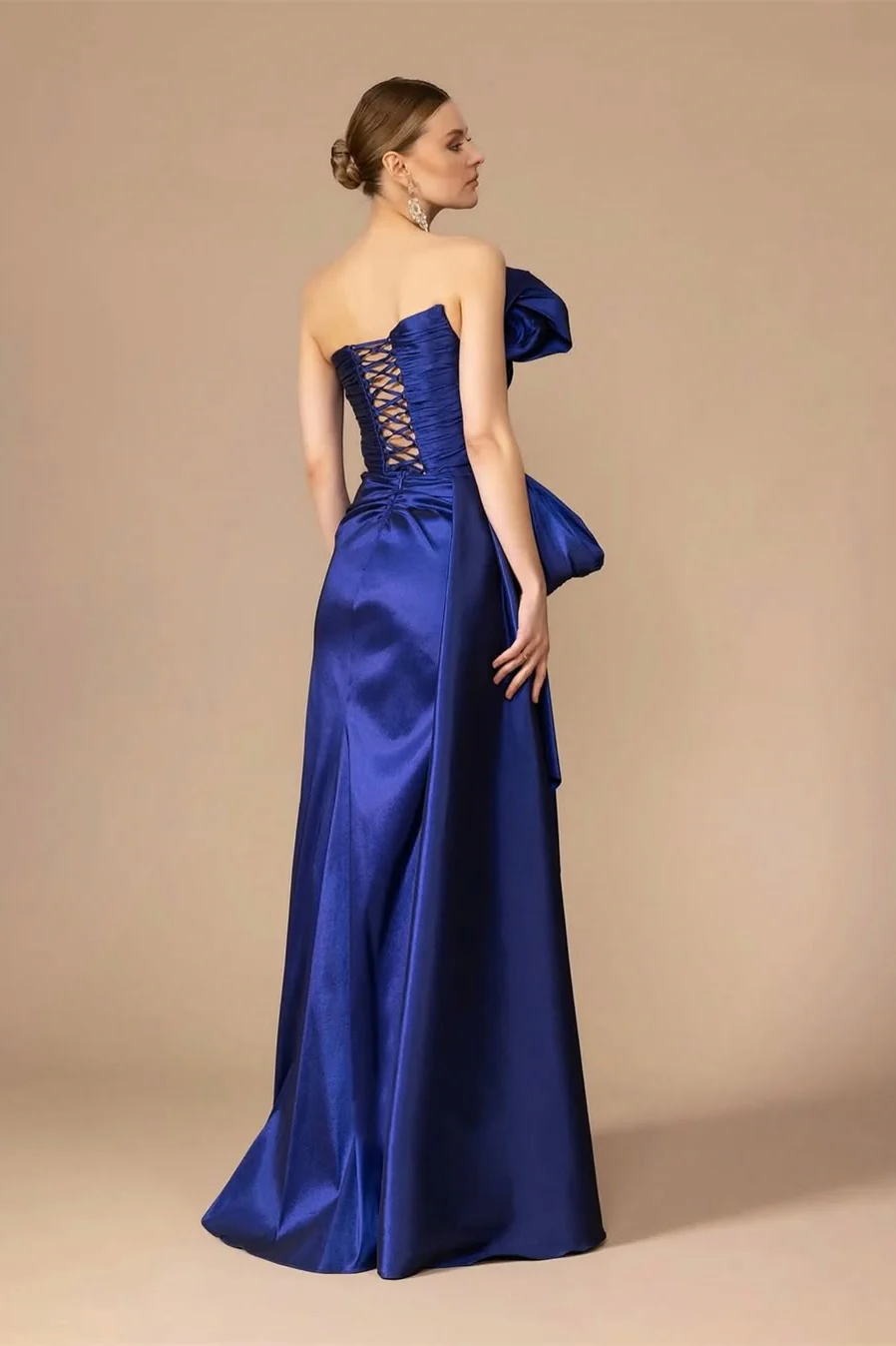 Luxury Royal Blue Strapless A-line Satin Prom Dress Sleeveless Side Split With Lace-Up Back - Image 2