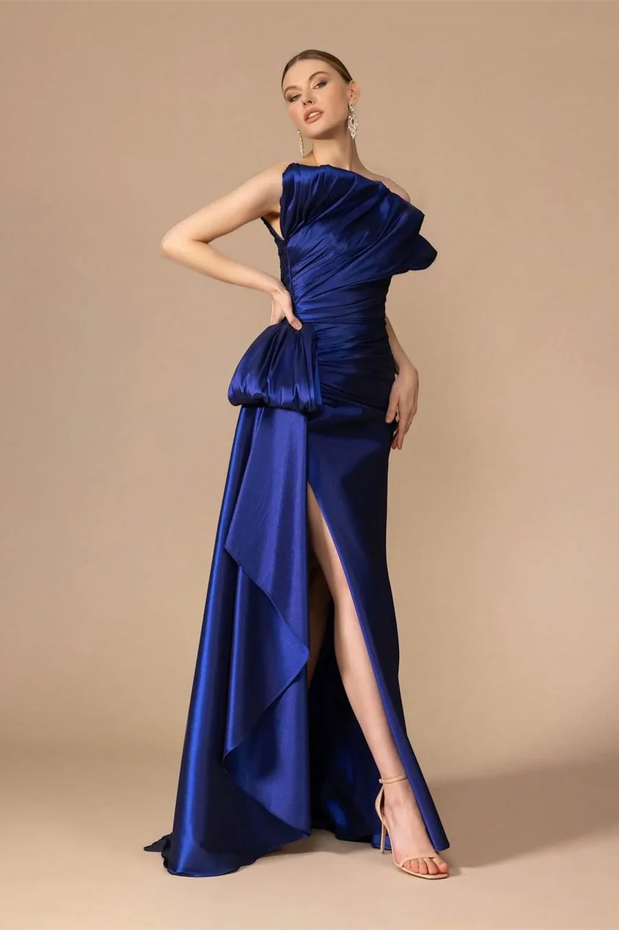 Luxury Royal Blue Strapless A-line Satin Prom Dress Sleeveless Side Split With Lace-Up Back - Image 3