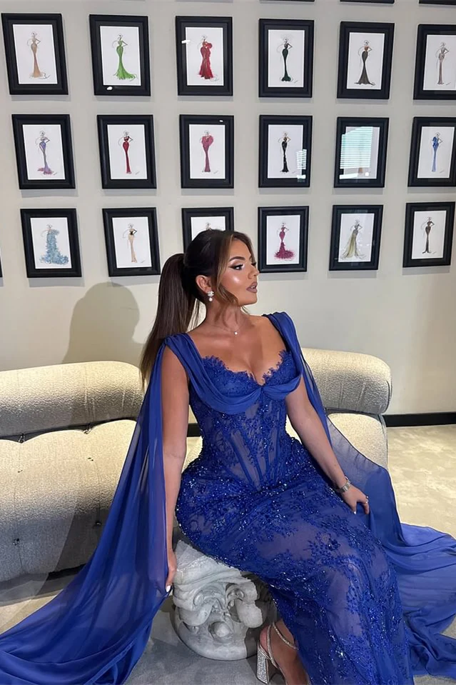 Luxury Royal Blue V-neck Lace Mermaid Prom Dresses Sleeveless Sheath Ribbons With Beads - Image 2