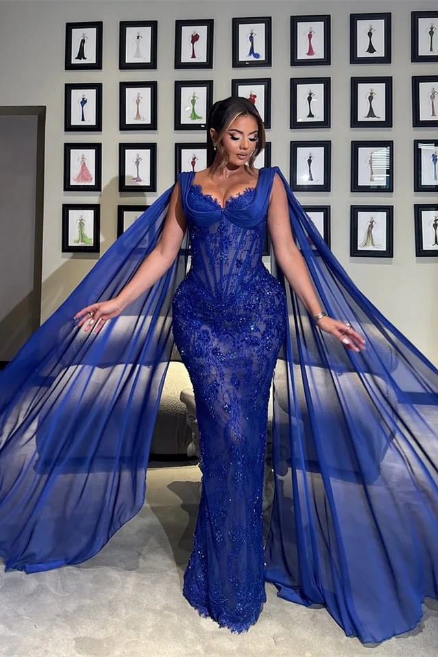 Luxury Royal Blue V-neck Lace Mermaid Prom Dresses Sleeveless Sheath Ribbons With Beads - Image 3