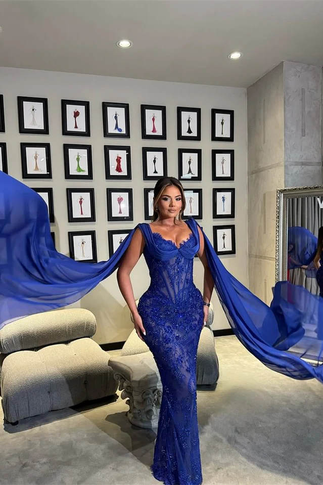 Luxury Royal Blue V-neck Lace Mermaid Prom Dresses Sleeveless Sheath Ribbons With Beads - Image 4