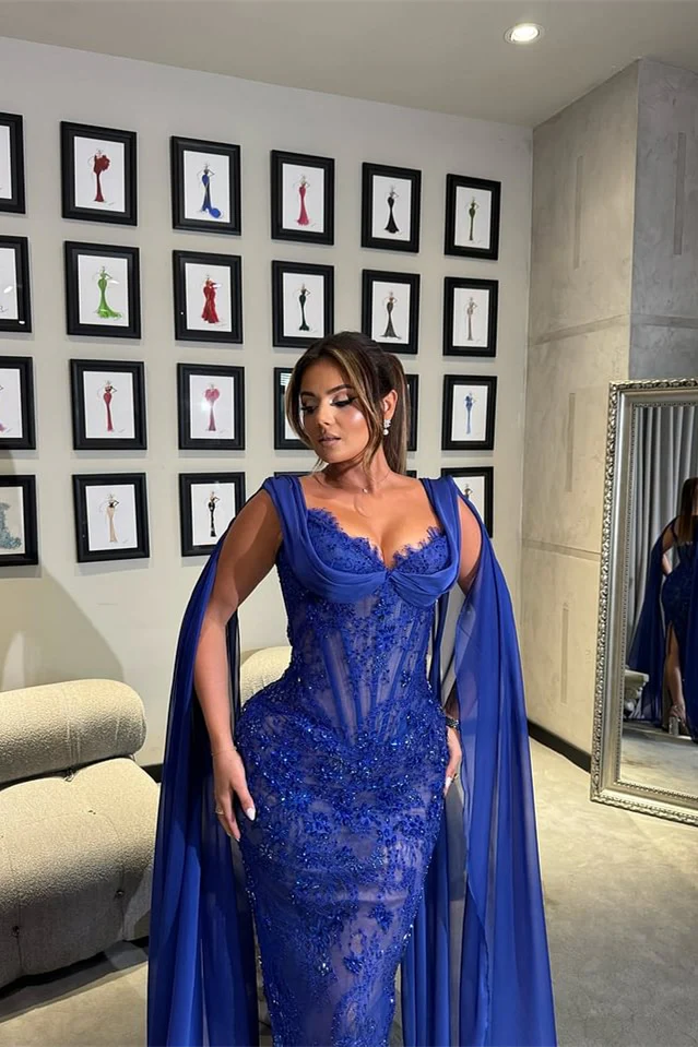 Luxury Royal Blue V-neck Lace Mermaid Prom Dresses Sleeveless Sheath Ribbons With Beads - Image 5