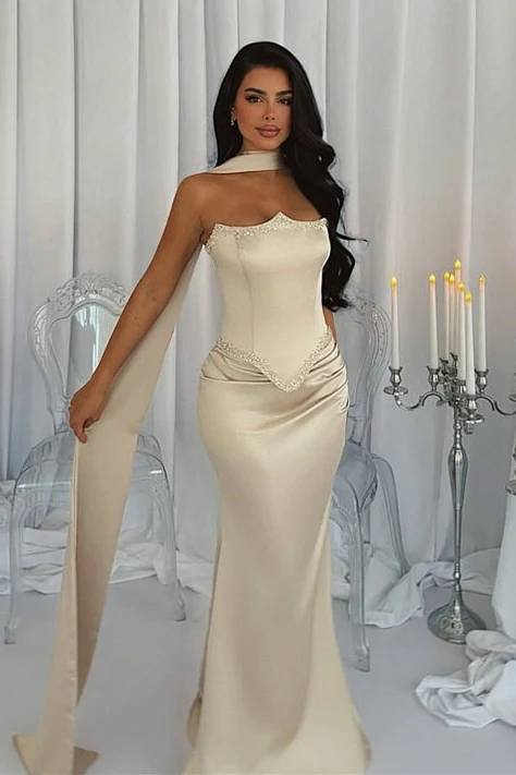 Luxury Strapless Mermaid Prom Dresses Satin Floor Length Sleeveless With Beads Ribbon - Image 2