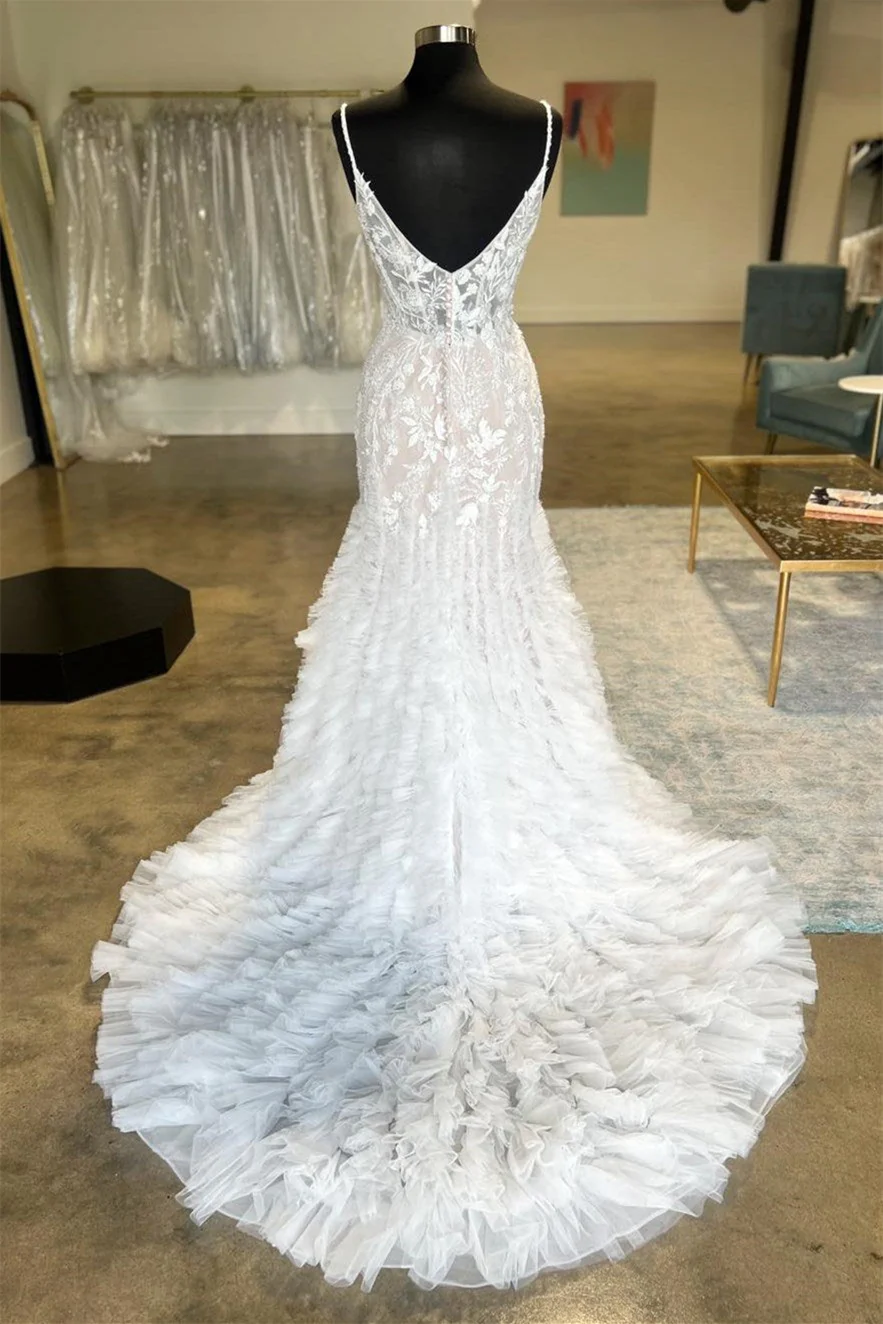 Luxury Sweetheart Sleeveless Mermaid Wedding Dresses Spaghetti-Straps Appliques Lace Open Back With Ruffles - Image 2