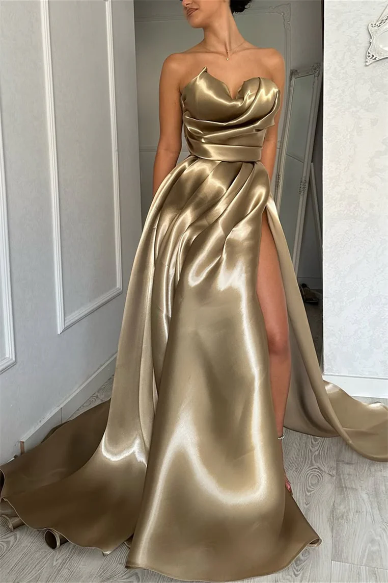 Luxury Sweetheart Strapless Sleeveless Satin Prom Dresses A-Line High Split With Pleats - Image 3