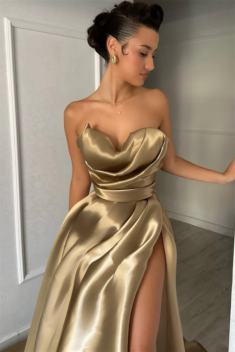 Luxury Sweetheart Strapless Sleeveless Satin Prom Dresses A-Line High Split With Pleats - Image 4